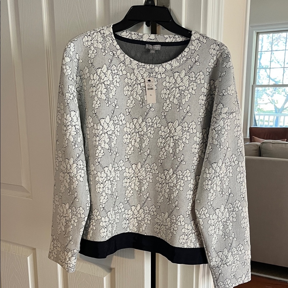Talbots Black and White Floral Jacquard Top